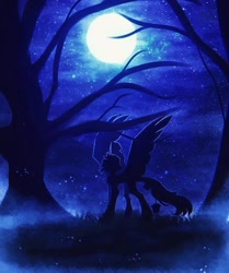 Size: 526x630 | Tagged: safe, artist:reminati_27, oc, oc only, alicorn, pony, alicorn oc, commission, full moon, horn, moon, night, outdoors, silhouette, solo, spread wings, tree, wings