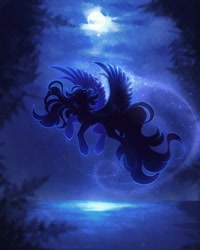 Size: 820x1025 | Tagged: safe, artist:reminati_27, oc, oc only, pegasus, pony, commission, flying, full moon, moon, night, outdoors, palindrome get, silhouette, solo