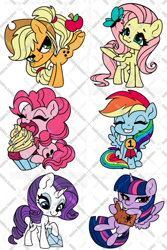 Size: 533x796 | Tagged: safe, artist:inkkeystudios, applejack, fluttershy, pinkie pie, rainbow dash, rarity, twilight sparkle, alicorn, butterfly, earth pony, pegasus, pony, unicorn, g4, apple, book, chibi, cupcake, cute, diamond, food, horn, mane six, medal, obtrusive watermark, twilight sparkle (alicorn), watermark