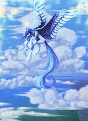 Size: 640x883 | Tagged: safe, artist:reminati_27, oc, oc only, pegasus, pony, cloud, female, flying, mare, outdoors, solo, spread wings, unshorn fetlocks, wings