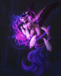 Size: 944x1180 | Tagged: safe, artist:reminati_27, oc, oc only, oc:ouija, pegasus, pony, blank eyes, choker, ear piercing, earring, female, flying, glowing, glowing eyes, jewelry, leonine tail, mare, piercing, solo, spread wings, tail, unshorn fetlocks, wings