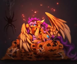 Size: 1080x893 | Tagged: safe, artist:reminati_27, oc, oc only, pegasus, pony, spider, commission, fangs, female, halloween, holiday, jack-o-lantern, mare, pumpkin, solo, spread wings, wings, ych result