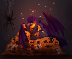 Size: 1080x893 | Tagged: safe, artist:reminati_27, oc, oc only, bat pony, pony, spider, blood, commission, fangs, halloween, holiday, jack-o-lantern, pumpkin, solo, ych result