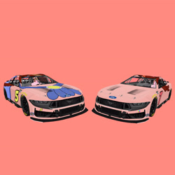 Size: 3464x3464 | Tagged: safe, artist:screaming luigi racing, derpibooru exclusive, oc, oc only, oc:espie pantomimia, oc:estella pantomimia, elements of justice, car, carviewer, duo, duo female, female, ford, ford dark horse, nascar, photo, pink background, simple background