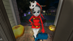 Size: 2560x1440 | Tagged: safe, artist:oatmeal!, marble pie, ghost, human, shy guy, undead, equestria girls, g4, 3d, bag, boots, candy bag, clothes, costume, decoration, dress, gmod, halloween, halloween costume, holiday, jack-o-lantern, legs together, looking at you, mask, night, pumpkin, robe, shoes, shy gal, socks, solo, standing, super mario, super mario bros. 2, thigh highs, thigh socks, trick or treat