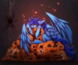 Size: 1080x893 | Tagged: safe, artist:reminati_27, oc, oc only, pegasus, pony, spider, blood, commission, fangs, female, halloween, holiday, jack-o-lantern, mare, pumpkin, solo, unshorn fetlocks, ych result