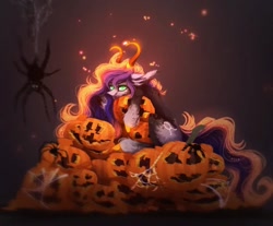 Size: 1080x893 | Tagged: safe, artist:reminati_27, oc, oc only, pony, spider, blood, commission, fangs, female, halloween, holiday, horns, jack-o-lantern, mare, pumpkin, slit pupils, solo, unshorn fetlocks, ych result