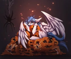 Size: 1080x893 | Tagged: safe, artist:reminati_27, oc, oc only, pegasus, pony, spider, blood, commission, fangs, halloween, holiday, jack-o-lantern, pumpkin, solo, spread wings, wings, ych result