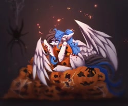 Size: 1080x893 | Tagged: safe, artist:reminati_27, oc, oc only, pegasus, pony, spider, blood, commission, fangs, female, halloween, holiday, jack-o-lantern, mare, pumpkin, solo, unshorn fetlocks, ych result