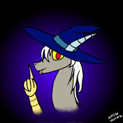 Size: 2048x2048 | Tagged: safe, artist:apic86, derpibooru exclusive, discord, draconequus, mlp fim's fourteenth anniversary, g4, eris, gradient background, hat, looking at you, rule 63, signature, solo, witch hat