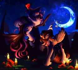 Size: 1440x1290 | Tagged: safe, artist:mindami, artist:reminati_27, oc, oc only, oc:reminati, pegasus, pony, bracelet, broom, candle, chest fluff, claws, clothes, costume, crescent moon, duo, eye scar, facial scar, female, flying, flying broomstick, halloween, halloween costume, hat, jewelry, mare, moon, necklace, night, scar, unshorn fetlocks, witch costume, witch hat