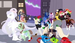 Size: 5200x3000 | Tagged: safe, artist:squeezymouse, oc, oc only, oc:bit shift, oc:bow legged, oc:cardia, oc:chocolatier, oc:crows nest, oc:dandelion drifter, oc:good graces, oc:lord sastrugi, oc:malic acid, oc:nove, oc:oito, oc:pigeon toed, oc:sete, oc:silk veil, oc:tri color, oc:zero variegation, abada, alicorn, bicorn, classical unicorn, crystal pony, hybrid, kirin, original species, pegasus, plant pony, pony, unicorn, vampire bat pony, mlp fim's fourteenth anniversary, aladdin, alex gaskarth, alicorn oc, animal ears, apron, artificial eye, aurora borealis, aviator goggles, bag, bat wings, beret, black sclera, blaze (coat marking), blood, bow, brain, candy, candy bag, cape, chest fluff, clothes, cloud, cloven hooves, coat, coat markings, collar, colored eartips, colored hooves, colored horn, colored pupils, colored sclera, colored tongue, colored wings, colored wingtips, colt, commission, costume, crystal ball, curved horn, dress, dyed mane, ear piercing, earring, eating, ethereal mane, eyes closed, eyeshadow, face paint, facial markings, female, fez, foal, folded wings, food, fur, fur collar, glasses, gloomy bear, goggles, gradient hooves, gradient horn, gradient pattern, hair bow, hat, hermit crab, hood, hooves, horn, hybrid pony, jewelry, jumpsuit, kirin oc, kraken pony, leonine tail, lineless, long horn, magic, magic aura, makeup, male, marching, mare, mask, multicolored eyes, multicolored hair, multicolored horn, multicolored tail, multicolored wings, multiple horns, night, nightmare night, no catchlights, no iris, on a cloud, open door, open mouth, open smile, organs, outdoors, pegasus oc, piercing, pipboy, plant, ponified, potion, purple sky, rainbow hair, rainbow tail, raised hoof, raven (guilty gear), ribbon, rocky and bullwinkle, s'mores, scar, see-through, shoes, siblings, signature, sitting, sitting on a cloud, slit pupils, smiling, snow, snowball, socks, spaded tail, speech bubble, square pupils, stallion, standing, starry mane, stars, sweater, swirly eyes, tail, tail bow, tent, tentacle hair, the king in yellow, the wizard of oz, torn clothes, town, twins, unicorn oc, unshorn fetlocks, vault suit, veil, vest, vflower, walking, white pupils, wig, window, wings, wooden hooves, yatterman, yatterman-1