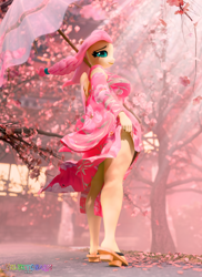 Size: 2800x3840 | Tagged: safe, artist:velvetcharm, fluttershy, pegasus, anthro, plantigrade anthro, g4, 3d, blender, blender cycles, cherry blossoms, clothes, female, flower, flower blossom, flowing hair, flowing mane, geta, high res, kimono (clothing), outdoors, shoes, solo