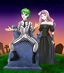 Size: 1050x1200 | Tagged: safe, artist:riouku, spike, sweetie belle, human, g4, beetlejuice, boots, clothes, commission, commissioner:vatobot17, cosplay, costume, crossover, dress, duo, duo male and female, face paint, female, grass, gravestone, human spike, humanized, male, necktie, older, older spike, older sweetie belle, open mouth, outdoors, ship:spikebelle, shipping, shirt, shoes, stitches, straight, suit, teenage spike, teenage sweetie belle, teenager