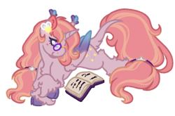 Size: 1124x744 | Tagged: safe, artist:kazmuun, oc, oc only, oc:cosmic firefly, alicorn, pony, g4, alicorn oc, alternate eye color, blue wingtips, blush lines, blushing, book, bushy mane, bushy tail, chest fluff, chibi, cloven hooves, colored, colored ear tufts, colored eyelashes, colored hooves, colored lineart, colored pinnae, colored wings, colored wingtips, commission, crossed hooves, ear tufts, eyelashes, female, female oc, flat colors, flower, flower on ear, folded wings, gradient wings, gradient wingtips, hair tie, hock fluff, hooves, horn, leg fluff, leonine tail, lying down, magical lesbian spawn, mare, mare oc, next generation, offspring, open book, parent:fluttershy, parent:twilight sparkle, parents:twishy, pink mane, pink tail, profile, prone, purple coat, purple eyelashes, purple eyes, purple hooves, reading, signature, simple background, solo, tail, tail tie, tied mane, tied tail, transparent background, two toned mane, two toned tail, unicorn horn, unshorn fetlocks, wing fluff, wingding eyes, wings