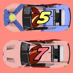 Size: 3464x3464 | Tagged: safe, artist:screaming luigi racing, derpibooru exclusive, oc, oc only, oc:espie pantomimia, oc:estella pantomimia, earth pony, elements of justice, car, duo, duo female, female, ford dark horse, nascar, photo, pink background, simple background, twins