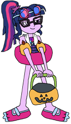 Size: 1941x3405 | Tagged: safe, artist:christian soto, sci-twi, twilight sparkle, equestria girls, equestria girls specials, g4, my little pony equestria girls: better together, my little pony equestria girls: forgotten friendship, clothes, female, flippers, glasses, goggles, halloween, holiday, inner tube, one-piece swimsuit, pool toy, pumpkin bucket, simple background, solo, swimsuit, towel, transparent background, trick or treat, water wings