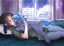 Size: 3000x2154 | Tagged: safe, artist:springdi, oc, oc only, oc:pixi feather, human, pegasus, pony, bed, bedroom, city, cityscape, clothes, cute, duo, female, hug, indoors, mare, night city, sleeping, window, wings