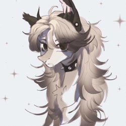 Size: 1080x1080 | Tagged: safe, artist:reminati_27, oc, oc only, pony, bust, chest fluff, choker, commission, ear piercing, earring, eye clipping through hair, eyebrows, eyebrows visible through hair, female, horns, jewelry, lip piercing, mare, nose piercing, nose ring, piercing, portrait, snake bites, solo, spiked choker