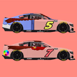 Size: 3464x3464 | Tagged: safe, artist:screaming luigi racing, derpibooru exclusive, oc, oc only, oc:espie pantomimia, oc:estella pantomimia, elements of justice, car, carviewer, duo, duo female, female, ford, ford dark horse, nascar, photo, pink background, siblings, simple background, sisters, twins