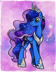 Size: 1601x2048 | Tagged: safe, artist:dariarchangel, princess luna, alicorn, pony, g4, adorable face, alternate accessories, beautiful, blue coat, blue eyes, concave belly, crescent moon, crown, cute, cute face, cute smile, ethereal hair, ethereal mane, ethereal tail, eyeshadow, female, folded wings, galaxy, galaxy hair, galaxy mane, galaxy tail, hoof shoes, horn, jewelry, long legs, lunabetes, makeup, mare, moon, peytral, pretty, princess, princess shoes, regalia, royalty, slender, smiling, solo, space, sparkles, standing, starry hair, starry mane, starry tail, stars, sweet dreams fuel, tail, tall, thin, traditional art, turned head, unicorn horn, wings