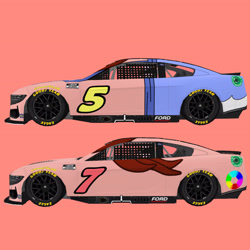 Size: 3464x3464 | Tagged: safe, artist:screaming luigi racing, derpibooru exclusive, oc, oc only, oc:espie pantomimia, oc:estella pantomimia, elements of justice, car, carviewer, duo, duo female, female, ford, ford dark horse, nascar, photo, pink background, siblings, simple background, sisters, twins