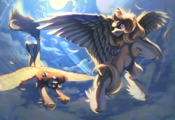 Size: 1440x989 | Tagged: safe, artist:reminati_27, artist:shidoodles, oc, oc only, oc:reminati, pegasus, pony, duo, ear piercing, earring, feathered fetlocks, female, fetlock tuft, flying, jewelry, leonine tail, mare, outdoors, piercing, tail, tongue out