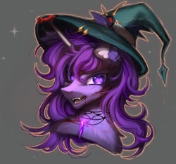 Size: 1080x1012 | Tagged: safe, artist:reminati_27, oc, oc only, pony, unicorn, blood, bust, commission, ear piercing, earring, fangs, female, gray background, hat, horn, jewelry, mare, necklace, piercing, portrait, simple background, slit pupils, solo, witch hat, ych result