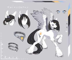 Size: 1080x909 | Tagged: safe, artist:reminati_27, oc, oc only, oc:kazy, pegasus, pony, bracelet, ear piercing, earring, female, jewelry, mare, peytral, piercing, reference sheet, solo, spread wings, unshorn fetlocks, wings