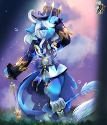 Size: 2271x2653 | Tagged: safe, artist:brainiac, trixie, unicorn, semi-anthro, g4, clothes, cosplay, costume, digital art, digital painting, female, furina (genshin impact), genshin impact, horn, leonine tail, looking at you, mare, outdoors, smiling, smiling at you, solo, tail