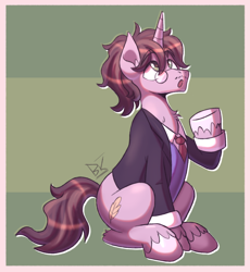 Size: 1892x2060 | Tagged: safe, artist:bkiltersot, oc, oc only, oc:midnight scrawl, pony, unicorn, :o, brown mane, clothes, facial hair, glasses, horn, looking up, male, open mouth, passepartout, sitting, solo, stallion