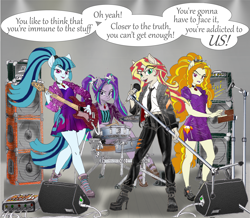 Size: 3000x2619 | Tagged: safe, artist:ciaran, derpibooru exclusive, adagio dazzle, aria blaze, sonata dusk, sunset shimmer, anthro, rainbow rocks 10th anniversary, equestria girls, g4, my little pony equestria girls: rainbow rocks, amplifier, bass guitar, boots, cable, clothes, dialogue, disguise, disguised, disguised siren, dress, drum kit, drum sticks, drums, electric guitar, electric piano, female, gem, guitar, indoors, jewelry, layout, light, lyrics, microphone, musical instrument, necklace, necktie, playing instrument, ponified, pony ears, ponytail, robert palmer, shoes, siren gem, speaker, speech bubble, stage, text