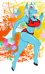 Size: 1024x1695 | Tagged: safe, artist:rubykila, oc, earth pony, anthro, unguligrade anthro, 2019, abstract background, big breasts, breasts, clothes, earth pony oc, female, running, shorts, simple background, solo, sports bra, transparent background, unshorn fetlocks