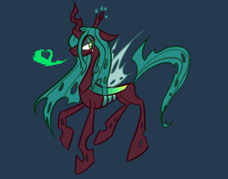 Size: 1280x1005 | Tagged: safe, artist:zeross0x, queen chrysalis, changeling, changeling queen, g4, 2015, blue background, concave belly, female, fire, horn, lidded eyes, raised hoof, simple background, skinny, solo, thin, wings