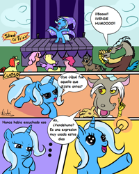 Size: 800x1000 | Tagged: safe, artist:nicolai, discord, pinkie pie, trixie, pony, unicorn, g4, butt, cape, clothes, comic, crowd, dialogue, female, hat, horn, mare, outdoors, performance, plot, spanish, spanish text, translation request, trixie's cape, trixie's hat