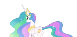 Size: 716x348 | Tagged: safe, edit, edited screencap, screencap, princess celestia, alicorn, pony, g4, my little pony: friendship is magic, background removed, butt, concave belly, ethereal mane, ethereal tail, female, mare, plot, simple background, slender, solo, tail, tall, thin, white background