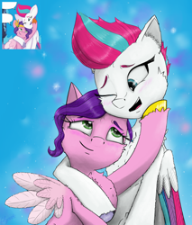 Size: 1850x2172 | Tagged: safe, artist:chopsticks, idw, pipp petals, zipp storm, pegasus, pony, g5, my little pony: set your sail, set your sail #5, spoiler:comic, spoiler:g5comic, adorapipp, adorazipp, arm on shoulder, blushing, cheek fluff, chest fluff, cute, duo, duo female, ear fluff, eye clipping through hair, eyebrows, eyebrows visible through hair, female, folded wings, hoof around neck, hoof on cheek, hug, incest, lesbian, looking at each other, looking at someone, mare, mare on mare, one eye closed, open mouth, phone, pipp is short, pipp is smol, pony on pony action, royal sisters (g5), scene interpretation, screencap reference, ship:petalstorm, shipping, siblings, sisters, smiling, smiling at each other, smiling at someone, spread wings, unshorn fetlocks, wings, zipp is tall