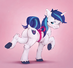 Size: 2451x2294 | Tagged: safe, artist:itssim, shining armor, pony, unicorn, g4, blush lines, blushing, butt, chest fluff, dock, ear fluff, fluffy, high res, horn, leg fluff, lidded eyes, male, plot, raised hoof, raised leg, shieldbutt, smiling, solo, stallion, standing on two hooves, tail, underhoof, unshorn fetlocks