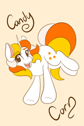 Size: 1365x2048 | Tagged: safe, artist:mscolorsplash, oc, oc only, oc:candy corn, pony, unicorn, eyebrows, eyebrows visible through hair, female, horn, mare, name, no pupils, open mouth, open smile, simple background, smiling, solo, yellow background