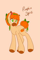 Size: 1365x2048 | Tagged: safe, artist:mscolorsplash, oc, oc only, oc:pumpkin spice, earth pony, pony, body freckles, bow, colored hooves, colored muzzle, female, freckles, hooves, mare, name, no pupils, orange background, simple background, solo, tail, tail bow, tail bun