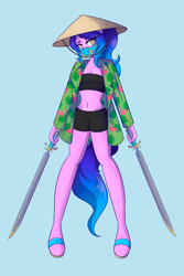 Size: 1365x2048 | Tagged: safe, artist:mscolorsplash, oc, oc only, earth pony, anthro, plantigrade anthro, belly, belly button, commission, face mask, female, gradient hair, hat, light blue background, mare, mask, midriff, not izzy moonbow, sandals, simple background, solo, sword, weapon