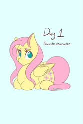 Size: 1365x2048 | Tagged: safe, artist:mscolorsplash, fluttershy, pegasus, pony, g4, cute, female, light blue background, looking at you, lying down, mare, no pupils, ponyloaf, ponytober, ponytober 2024, prone, shyabetes, simple background, smiling, smiling at you, solo