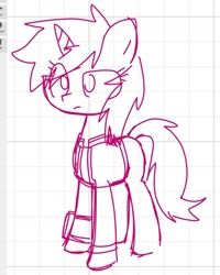 Size: 1032x1287 | Tagged: safe, artist:kruvvv, oc, oc only, oc:littlepip, pony, unicorn, fallout equestria, clothes, eye clipping through hair, female, horn, mare, pipbuck, sketch, solo, standing, unicorn oc