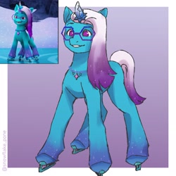 Size: 2894x2894 | Tagged: safe, artist:snowflake_pone, comet (g5), auroricorn, pony, g5, my little pony: make your mark, my little pony: make your mark chapter 6, secrets of starlight, glasses, ice skates, jewelry, male, necklace, passepartout, screencap reference, screenshot redraw, skates, smiling, solo, stallion