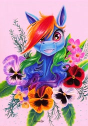 Size: 4056x5756 | Tagged: safe, artist:cahandariella, rainbow dash, pegasus, g4, bust, colored pencil drawing, flower, foal, front view, looking at you, portrait, smiling, smiling at you, solo, traditional art, younger