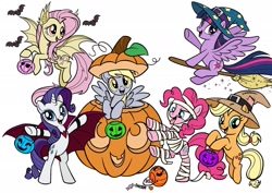 Size: 2048x1448 | Tagged: artist needed, safe, applejack, derpy hooves, fluttershy, pinkie pie, rarity, twilight sparkle, bat, undead, vampire, g4, bat ponified, bipedal, broom, candy, clothes, costume, flutterbat costume, flying, flying broomstick, food, halloween, halloween 2024, halloween costume, hat, holiday, jack-o-lantern, mummy, princess, pumpkin, pumpkin bucket, scarecrow, tongue out, witch, witch hat