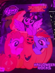 Size: 1536x2048 | Tagged: safe, pinkie pie, rainbow dash, twilight sparkle, alicorn, earth pony, pegasus, pony, book, female, halloween, holiday, jack-o-lantern, photo, pumpkin, pumpkin bucket, tree, trio, trio female, twilight sparkle (alicorn)