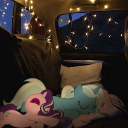 Size: 736x736 | Tagged: editor needed, source needed, safe, artist:davidsfire, artist:zacatron94, edit, starlight glimmer, trixie, pony, unicorn, cute, duo, female, horn, irl, lights, mare, photo, ponies in real life, sleeping, tent