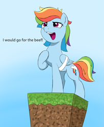 Size: 1751x2143 | Tagged: safe, artist:itchystomach, rainbow dash, pegasus, pony, g4, female, gradient background, mare, meme, minecraft, outdoors, parkour, parkour civilization, shitposting, solo