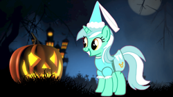 Size: 1280x720 | Tagged: safe, artist:darlycatmake, lyra heartstrings, pony, unicorn, g4, alternate design, amused, beautiful, big smile, clothes, costume, cute, dress, dressup, female, halloween, halloween costume, happy, hat, haunted house, hennin, holiday, horn, jack-o-lantern, lyra is amused, lyrabetes, majestic, mare, moon, night, pretty, princess, princess lyra heartstrings, pumpkin, smiling, solo, tree